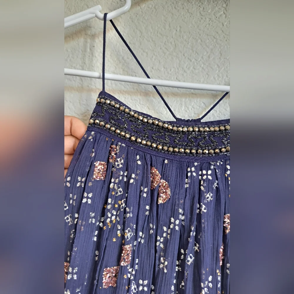 Free People Boho Strappy Beaded Glitter Open Back Maxi Dress Size XS